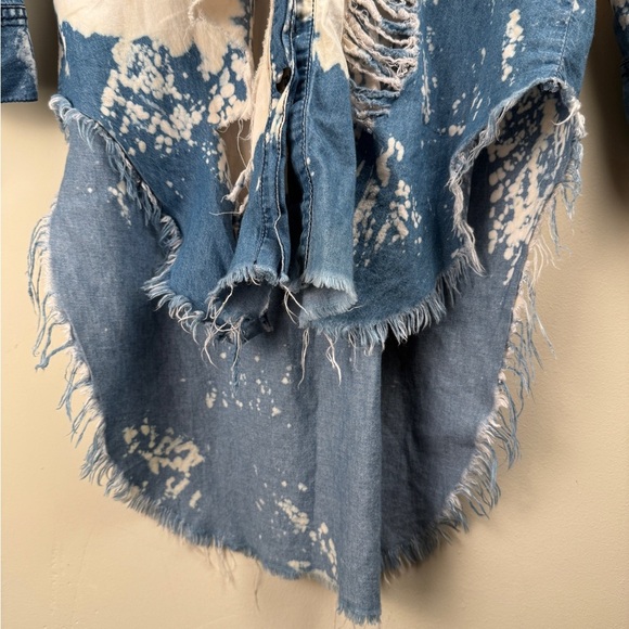 Thrill Jeans Womens High Low Heavily Distressed Button Down Blue Shirt Top Lg. - Picture 5 of 14
